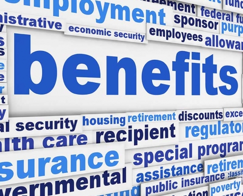 Graphic showing wall of words in blue with "Benefits" as the largest word