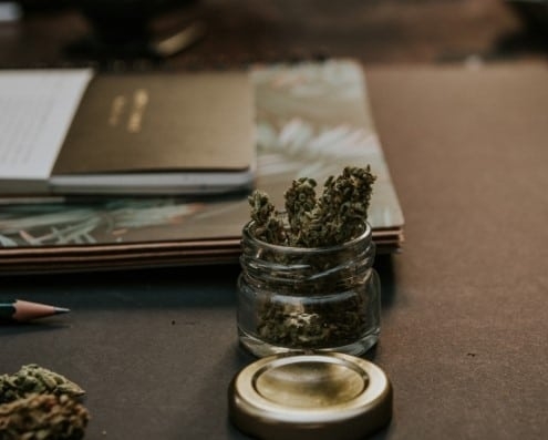 Bottle on a desk with Legalized Marijuana.
