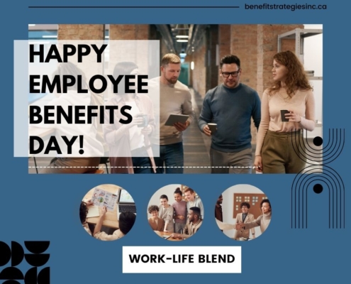 Photo collage of business people with the caption Happy Employee Benefits Day - Work Life Blend
